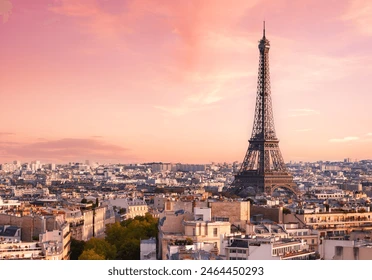 sunset in paris with pink sky