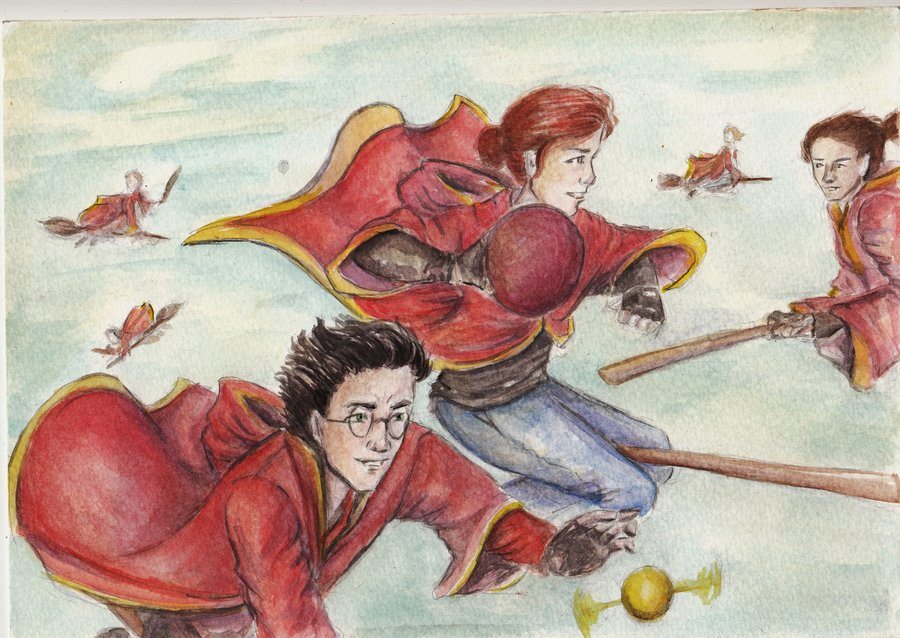 Color drawing of the Gryffindor team playing Quidditch
