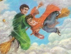 A fight in the sky between two wizardss on brooms